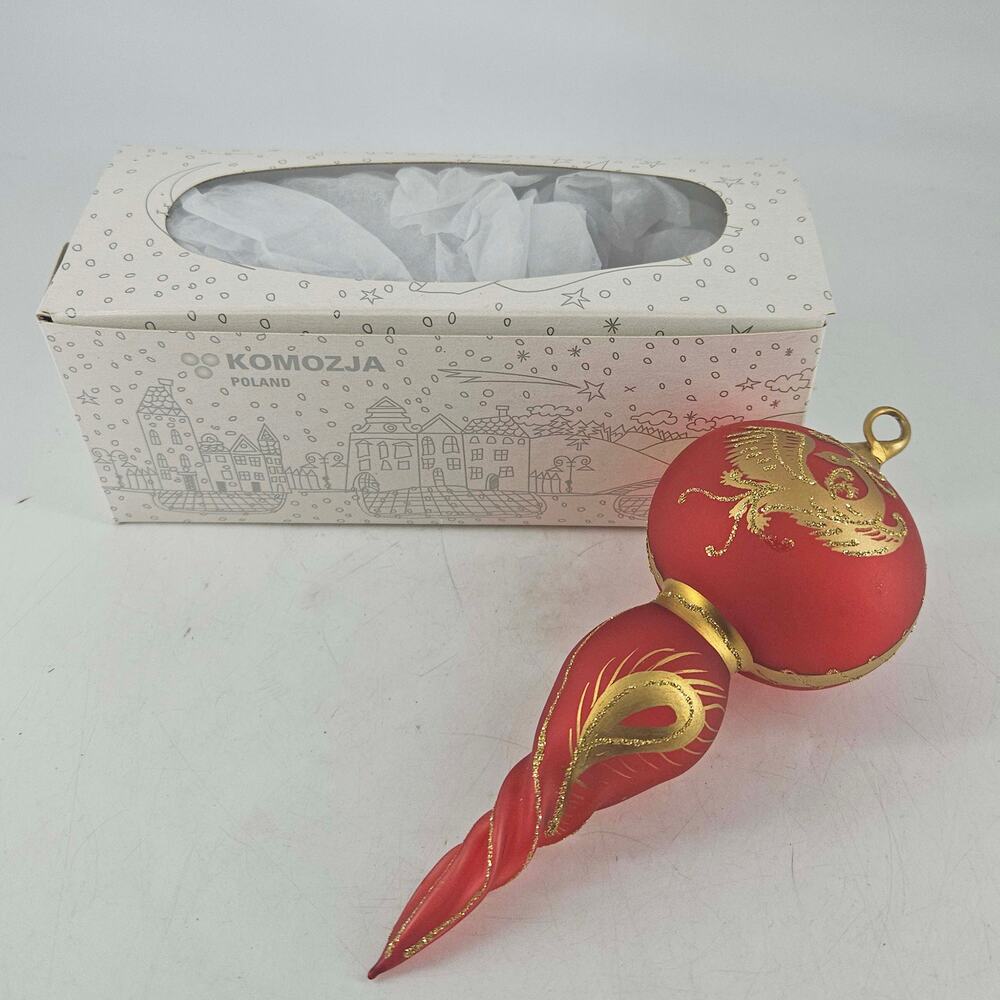 KOMOZJA Poland blown glass red gold phoenix bird Christmas Ornament
